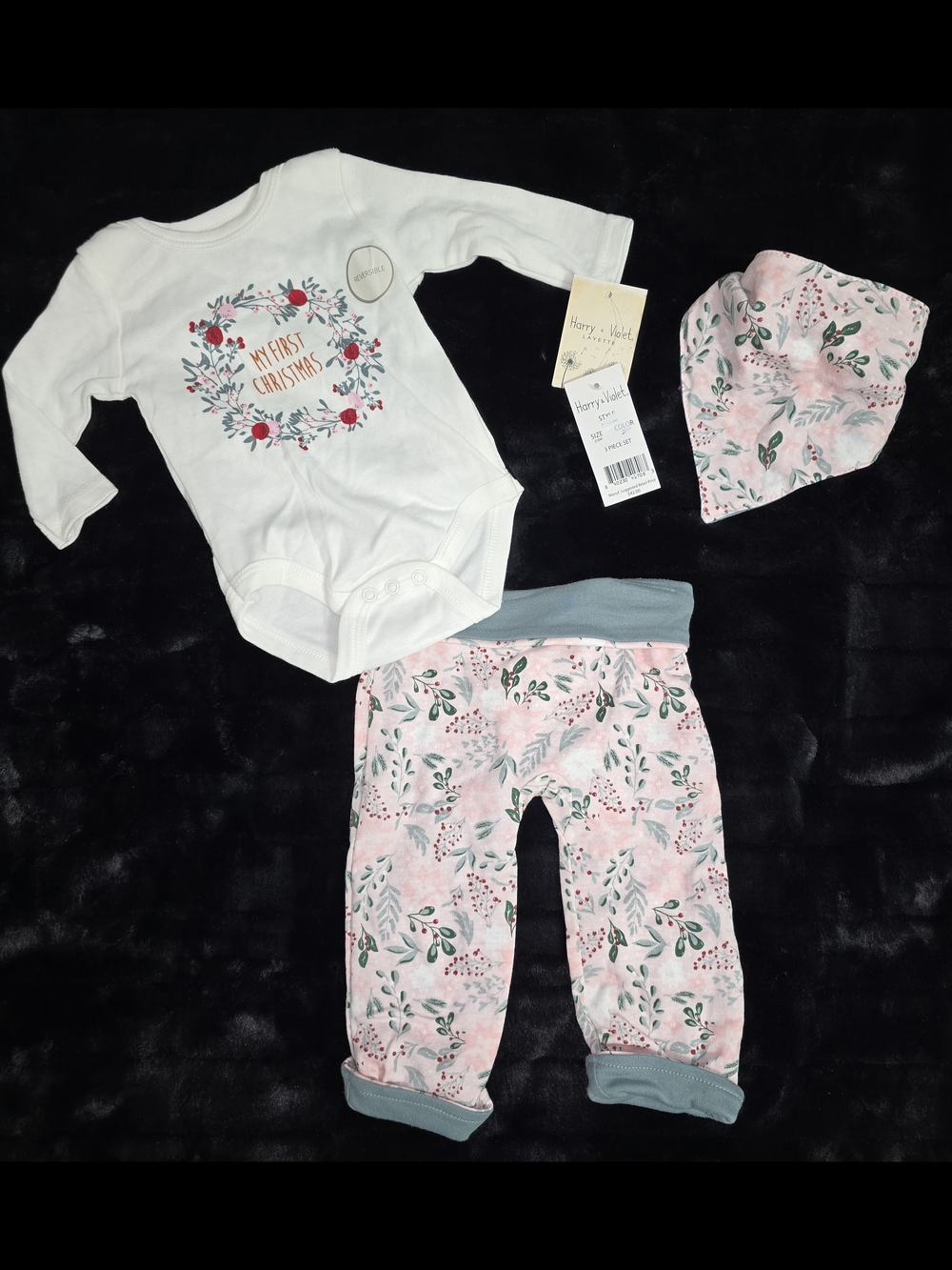 Harry & Violet NWT 3-6 Months Pink Floral 'My First Christmas' 3-Piece Baby Set